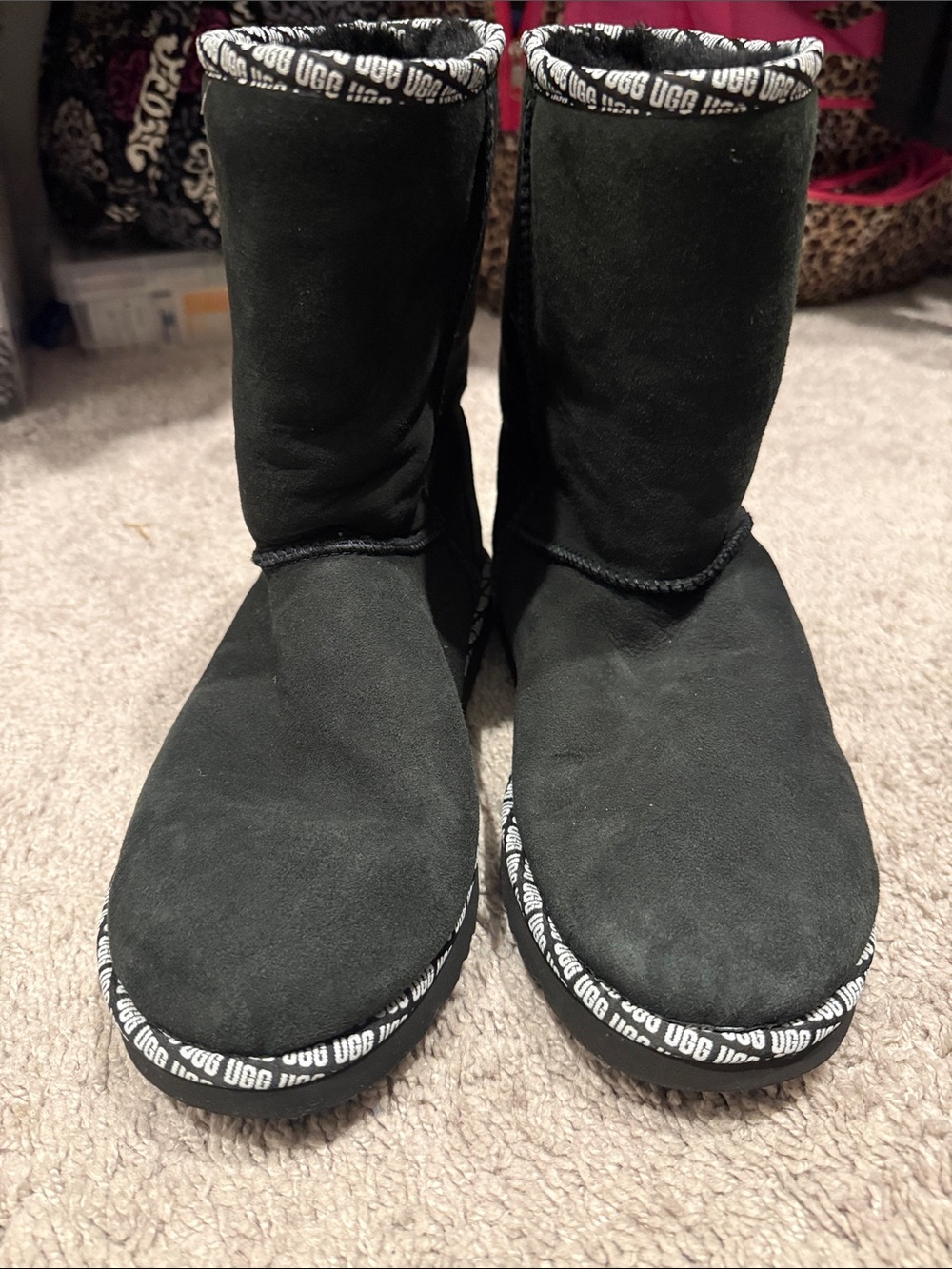 UGG Black Suede Logo-Trim Tall Boots